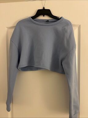 Cropped Long-Sleeve Crewneck Top - Light Blue